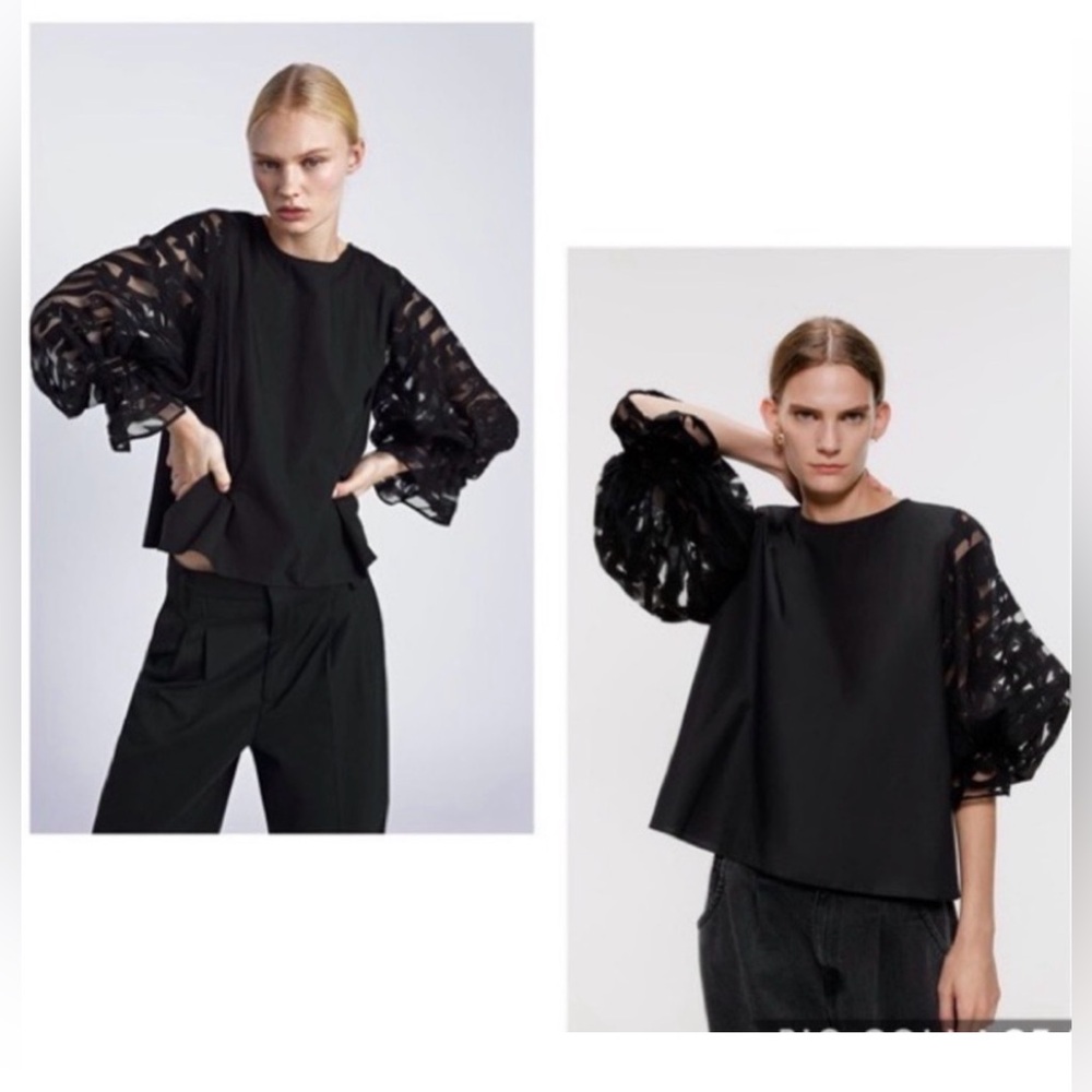 Zara Black Organza Balloon Sleeve Top Size Small